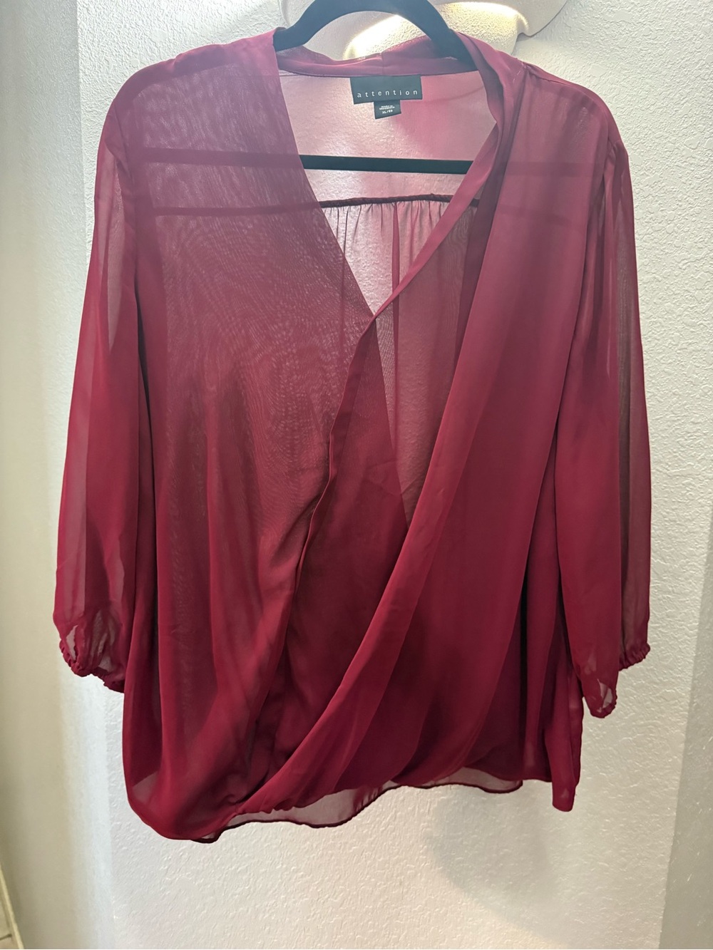 attention Burgundy Sheer Wrap-Style Blouse